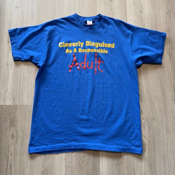 Vintage 90's Clearly Disguised as a Responsible Adult Blue Yellow Funny Shirt XL - Picture 1 of 6